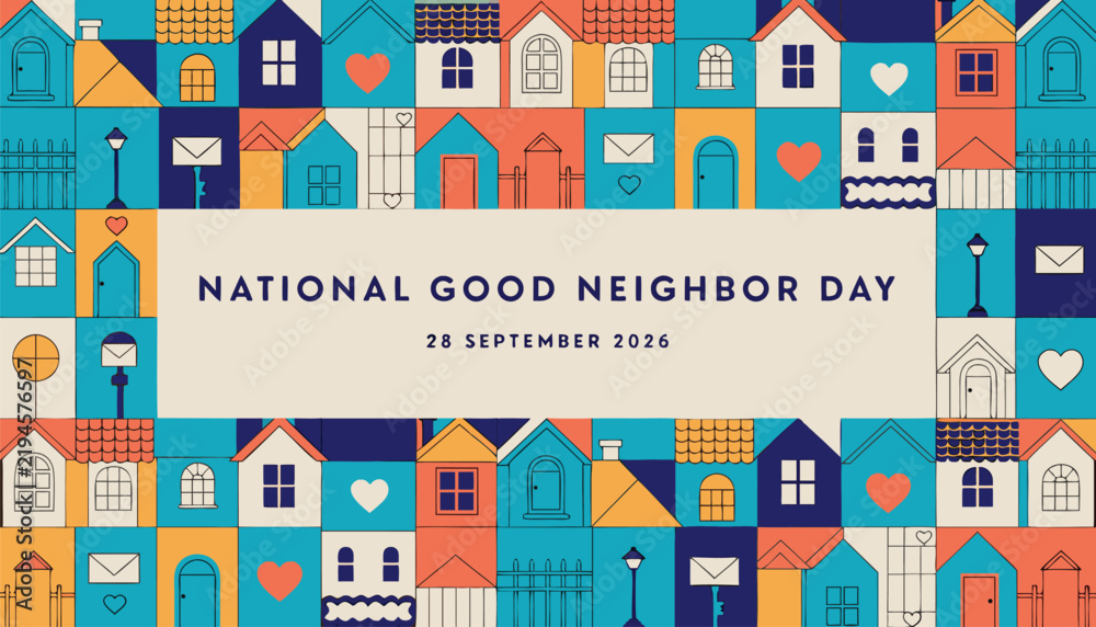 Obraz premium Colorful residential houses forming border for national good neighbor day greeting