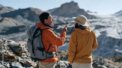 A Georgian mountain guide showing a tourist the exposed rock face where a glacier stood a decade ago, mountain tourism disruption, Caucasus ice retreat, high-altitude warming,