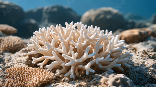 Close up of a coral reef bleaching in warming tropical shallows, stark white skeletal formations contrasting with remnant living patches, marine biodiversity loss, ocean