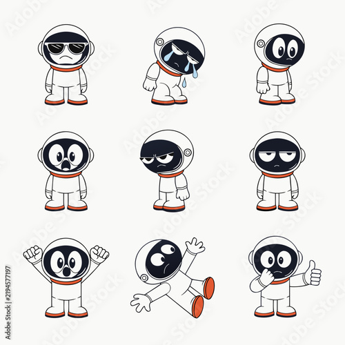 Set of cartoon astronaut characters displaying various emotional expressions and poses on a white background