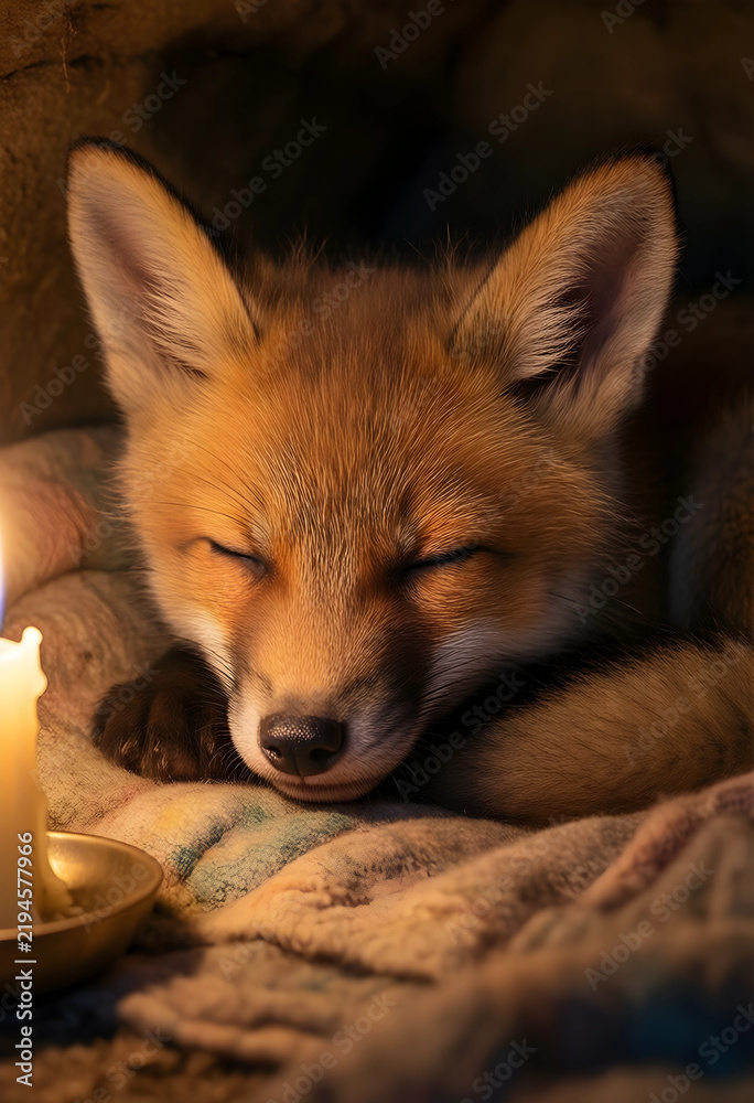 Obraz premium Cozy comfort and relaxation, sleeping baby fox resting near a warm candle flame in a peaceful den for winter hibernation and wildlife tranquility