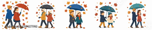 vector flat of two children walking together with an umbrella in autumn
