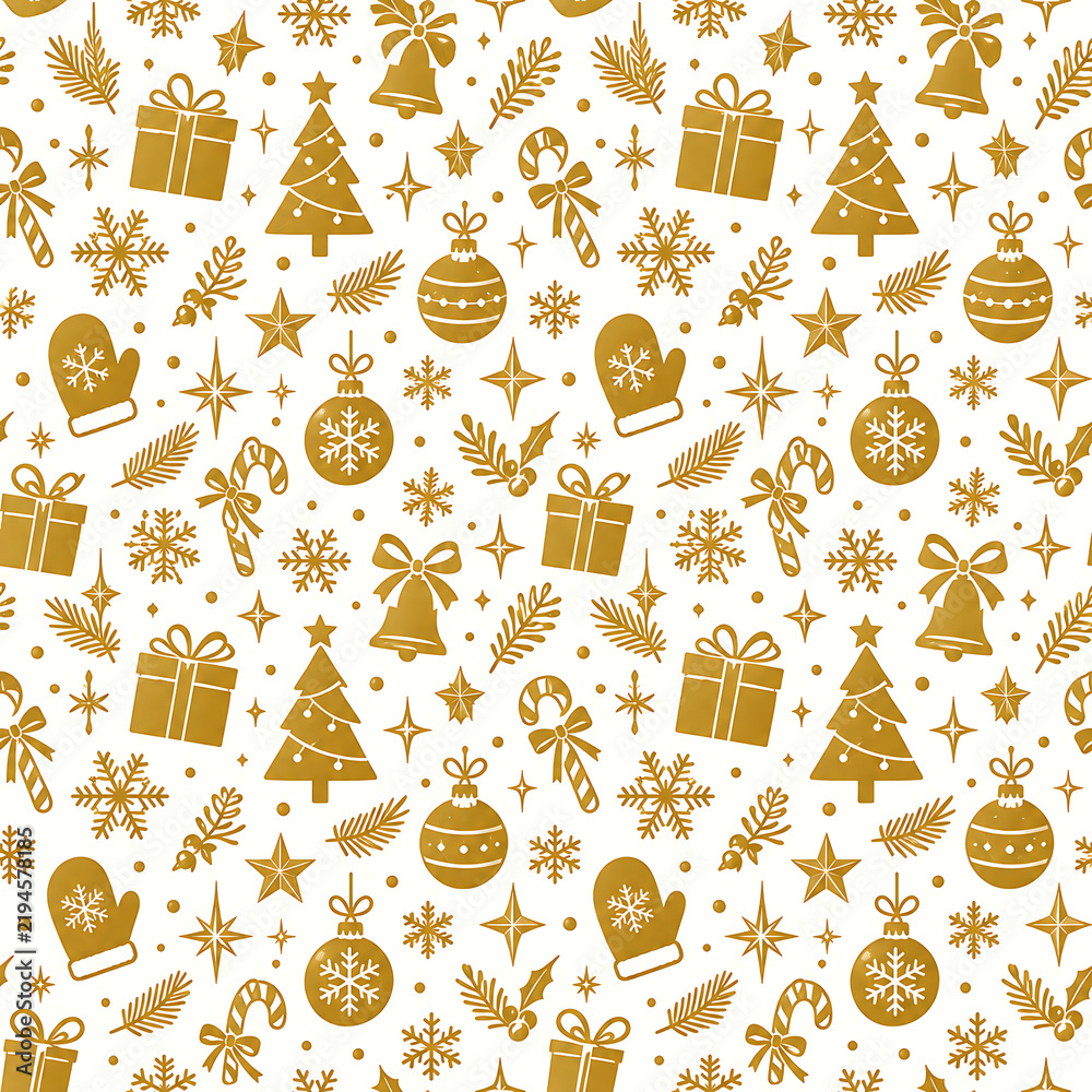 Naklejka premium Golden christmas pattern with gifts trees ornaments and winter holiday elements