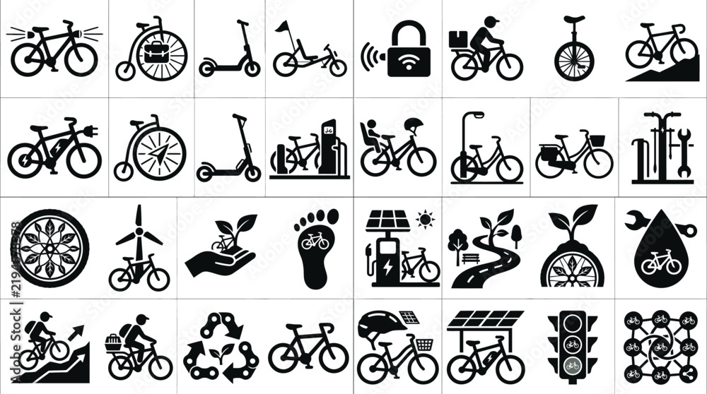Obraz premium Bicycle icons grid showing various types of bikes, sustainable transport, eco mobility, and cycling infrastructure symbols.