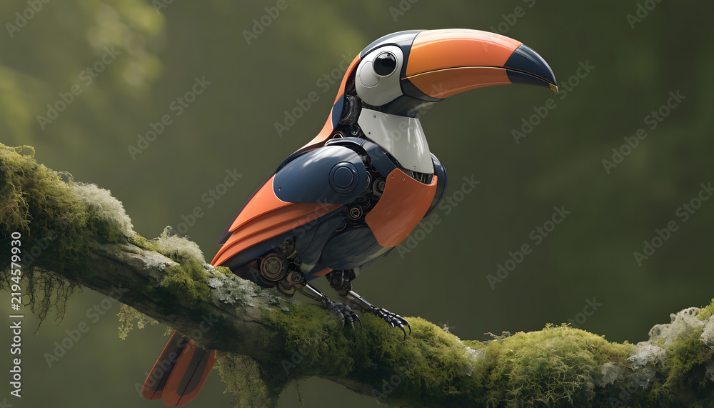 Obraz premium Bionic cybernetic toucan perching on forest limb. Advanced biomimicry and wildlife engineering. High-tech robotic bird sitting on a mossy tree branch in nature