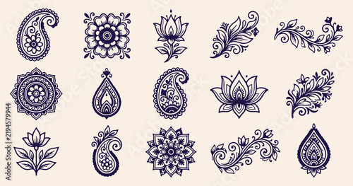 oriental henna medallion stamps, ethnic indian lotus rosettes, spiritual oriental flower icons, boho mandala paisley emblems, eastern ornamental tattoo elements, vintage decorative yoga badges
mandala