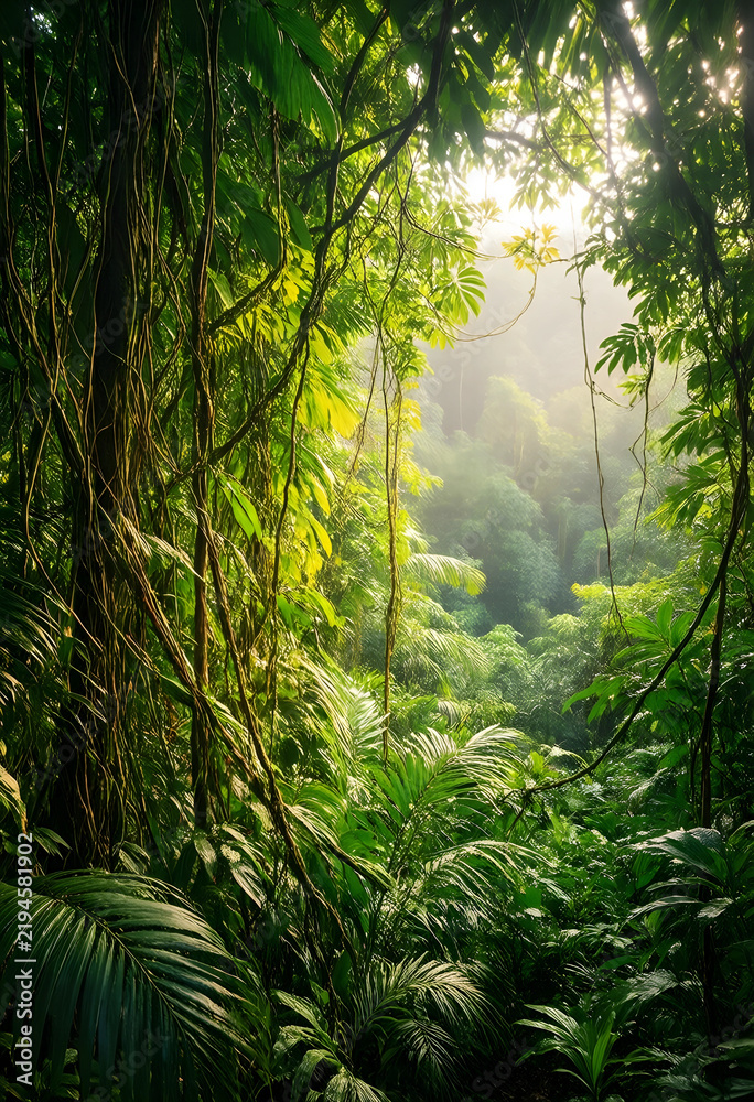 Fototapeta premium Rainforest conservation and biodiversity, lush tropical jungle with sunlight filtering through dense green foliage and hanging vines in a wild forest