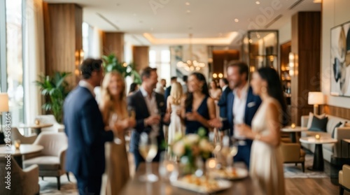 Group of adults socializing at an upscale evening cocktail party in a hotel lounge. Guests stand together holding drinks while engaging in conversation within a warm, softly blurred interior.
