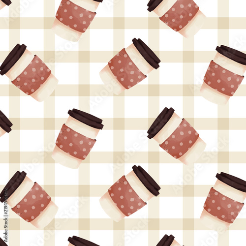 Seamless coffee pattern with takeaway cups, latte art, desserts and French press. Cozy cafe design for barista branding and specialty coffee themes. Vector illustration on white background