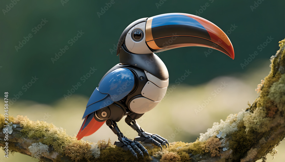 Obraz premium Robotic bionic toucan bird perching on mossy branch. Artificial intelligence and cybernetic wildlife. Mechanical toucan observing lush forest environment