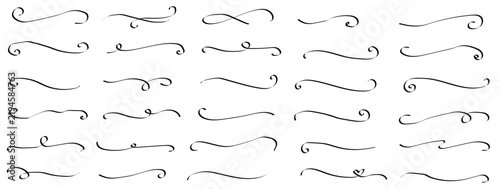 Elegant flourish swash line set with hand drawn calligraphy curves, thin ink strokes, vintage scrolls, curly underlines, ornamental swirls and text decorations. 