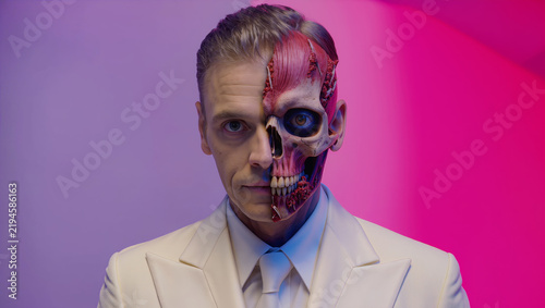 Elegant young man in a white tuxedo with slicked-back platinum-blonde hair, featuring dramatic decaying skull special-effects makeup and vivid pink, purple, crimson, and blue tones.