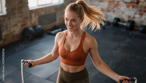 Focused athletic woman jump roping in a dim gym, wearing an orange cropped tank top and olive leggings while gripping the rope handles during an intense workout.
