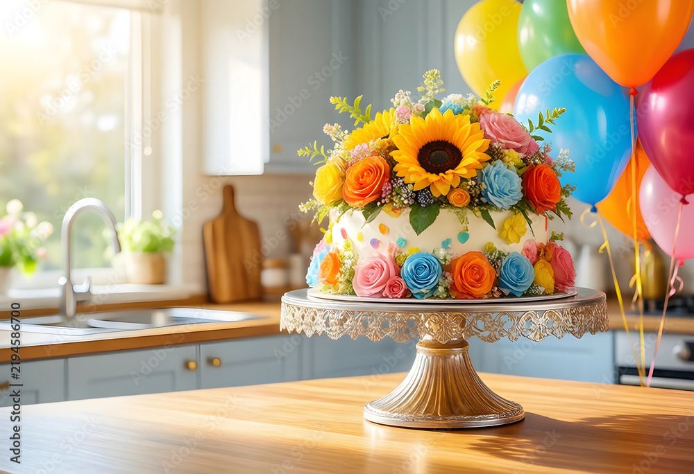 Naklejka premium Birthday celebration and party planning, floral cake with sunflowers and roses on a stand with colorful balloons in a bright home kitchen interior