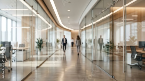 Business professionals walk through a bright office corridor with glass walls. The blurred perspective highlights the corporate environment and professional atmosphere.