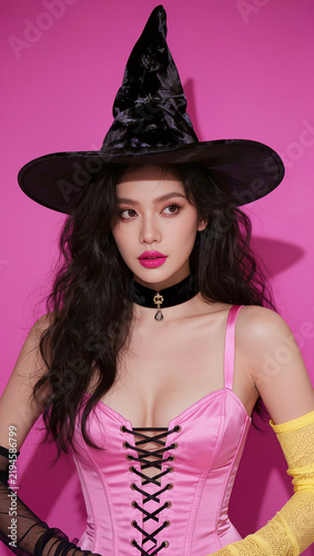 Glamorous woman wearing a black pointed witch hat, pink corset bodysuit, velvet choker, and mismatched mesh gloves against a vibrant magenta studio background.
