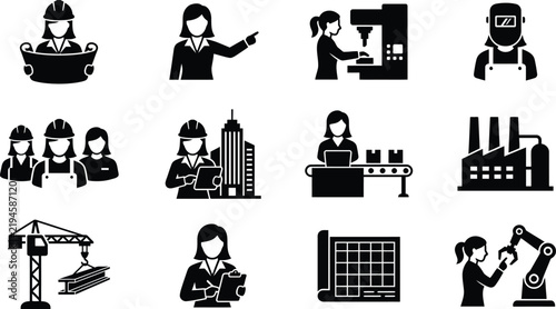 Women in Industry and Engineering Icons Set, Female Construction Architect, Factory Manufacturing, CNC Operator, Welder, and Robotics Silhouettes Vector