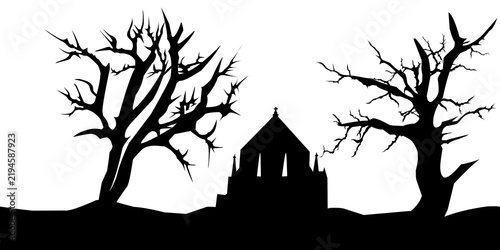 Gothic haunted house silhouette with dry trees, suitable for Halloween designs, posters, T-shirts, covers, decorations, and horror themed illustrations.