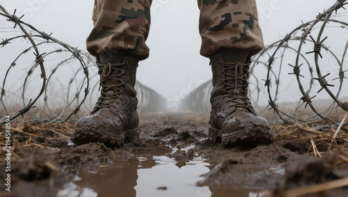 Mud-covered military combat boots standing on wet uneven ground between tangled coils of barbed wire in a foggy, desolate landscape.