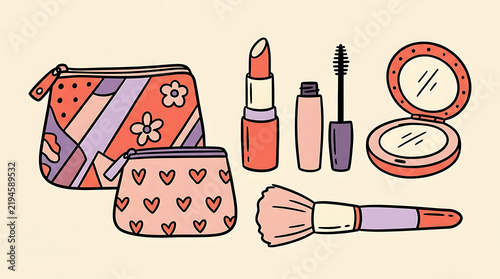 Hand drawn makeup pouches and cosmetic accessories collection on beige background