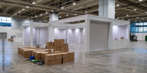 Obraz na płótnie Empty exhibition booth with stacked boxes