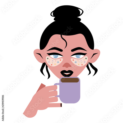 Woman drinking morning coffee with under eye patches, skincare routine. Vector illustration