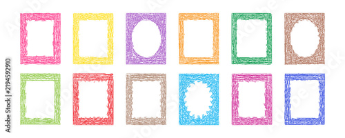 Frame crayon line icon, border shape hand drawn. Kid text box scallop, linear wiggle doodle. Retro rectangle frame brushwood texture, colorful boarder set isolated on white bg. Art vector illustration