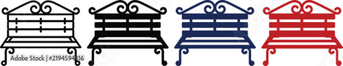 Park bench icon set with outline and silhouette vintage garden bench symbols isolated on white background