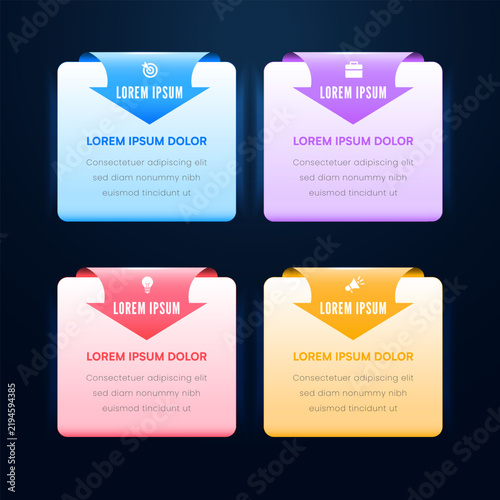 Arrow header information card presentation infographic, numbered sections, icons, and layered ribbon