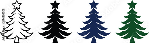 Christmas tree icon set with star topper outline and silhouette pine tree symbols isolated on white background