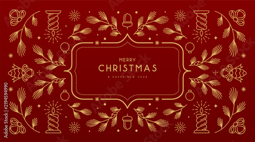 Modern Christmas poster, banner or  holiday greeting card with candles, Christmas tree and baubles on red background. Line art vector illustration