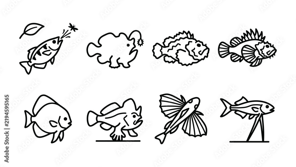 Obraz premium Marine Life Collection: A playful compilation of illustrated sea creatures, featuring an anglerfish, flying fish, and various other aquatic wonders, each rendered in a simple, charming line art style.