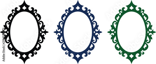 Vintage oval frame icon set with ornate baroque mirror border silhouette and antique decorative photo frame symbols isolated on white background