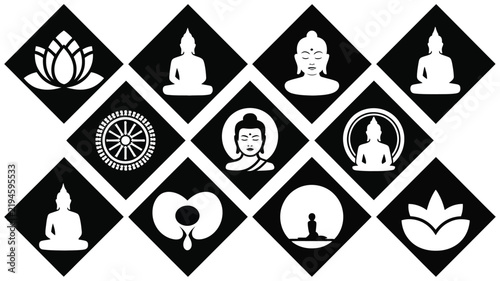 Принти на полотні Set of twelve buddhist symbols arranged in diamond shapes on dark background wit