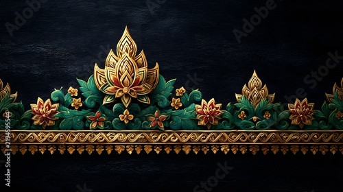 Elegant Thai Art Border with Gold Lotus Flowers and Green Leaves on Dark Background