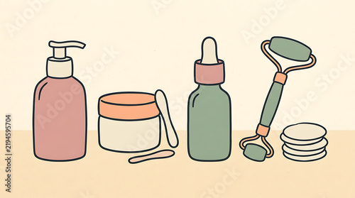 Skincare product collection with serum bottle and facial roller illustration