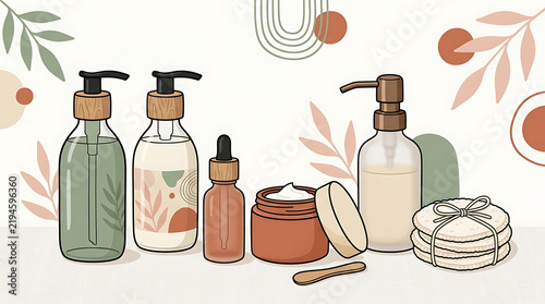 Sustainable cosmetic bottles and skincare products with organic botanical art