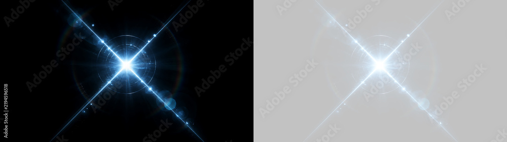 Fototapeta premium Diagonal blue lens flare with circular ring and glowing light streak. Bright anamorphic starburst effect on transparent and black background. Sci-fi lighting asset