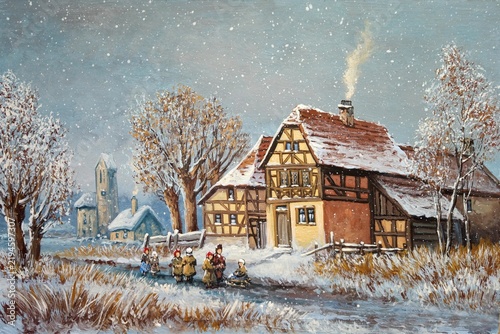 Winter village scene oil painting with children sledding near half-timbered house and church