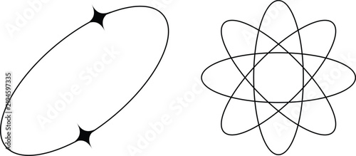 Minimalist y2k celestial star oval and atom shapes isolated on white background. Perfect for modern graphic design, branding, and abstract science themed web projects.
