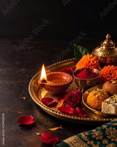 Festive Diwali thali with diya and sweets
