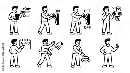 Checklist and Workflow Management: A series of simple line drawings illustrate a person managing tasks, switching systems on and off, planning routes, discarding ideas, initiating processes.