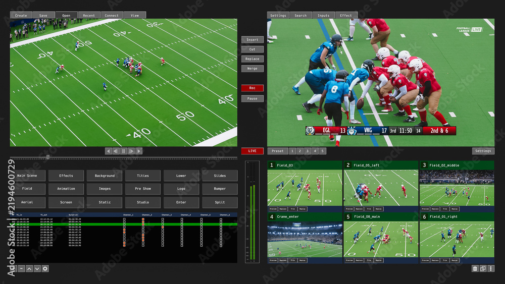 Obraz premium American Football League Live Broadcast Control Room Software With Multi-camera Preview Grid, Timecode Playlist and Replay Tools. Screen Replacement Mockup for Sports Tv Vision Mixer Console