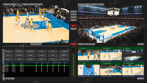 Basketball Tournament Live Broadcast Vision Mixer Interface With Six-camera Multiview, Crane Angle Preview, Audio Level Meters and Timecode Clip List. Sports Tv Studio Screen Replacement Mockup