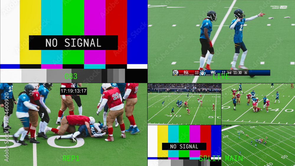 Obraz premium American Football League Live Broadcast Multiview Monitor Wall: Gridiron Players Signaling Onfield With Scoreboard Overlay, Timecoded Tackle Replay, Wide Field Cameras and No Signal Test Bars