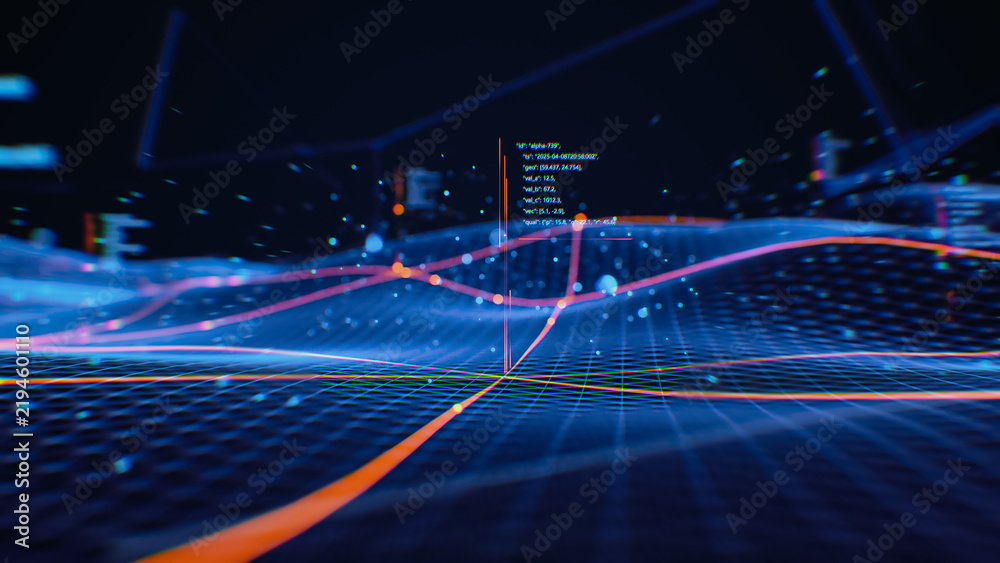 Obraz premium Abstract Technology Visualisation Showing a Glowing Blue Wireframe Data Grid With Orange Trajectory Curves, Floating Particles and a Json Telemetry Readout of Coordinates, Values and Quality Metrics.