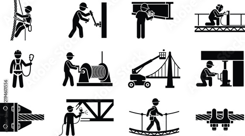 Bridge Construction and High Altitude Maintenance Icons Set, Ironworker, Rope Access Technician, Safety Harness, Rigging, Steel Structure, and Winch Vector Silhouettes
