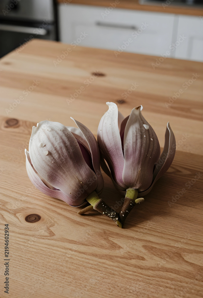 Obraz premium Spring renewal and floral beauty, two fresh magnolia blossoms with water droplets on a natural wooden kitchen table for home interior decoration