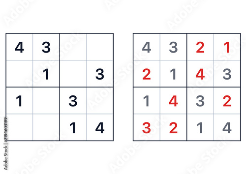 Sudoku puzzle grid showing numbers and solutions in red  