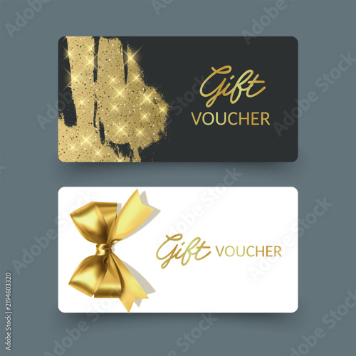 Set of elegant gift vouchers with gold glitter and bow Gift voucher coupon discount with Gold ribbon Luxury modern Gold and Black